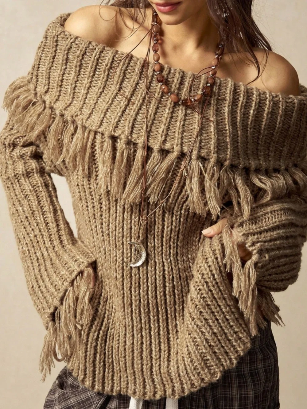 Classic Off Shoulder Foldover Fringe Detail Knit Sweater Top - Picture 5 of 8